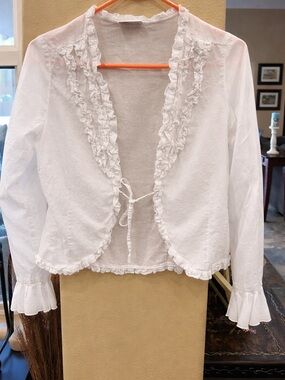 Yessica White Ruffle Blouse Sheer Tie Front Romantic Boho Top Size 38